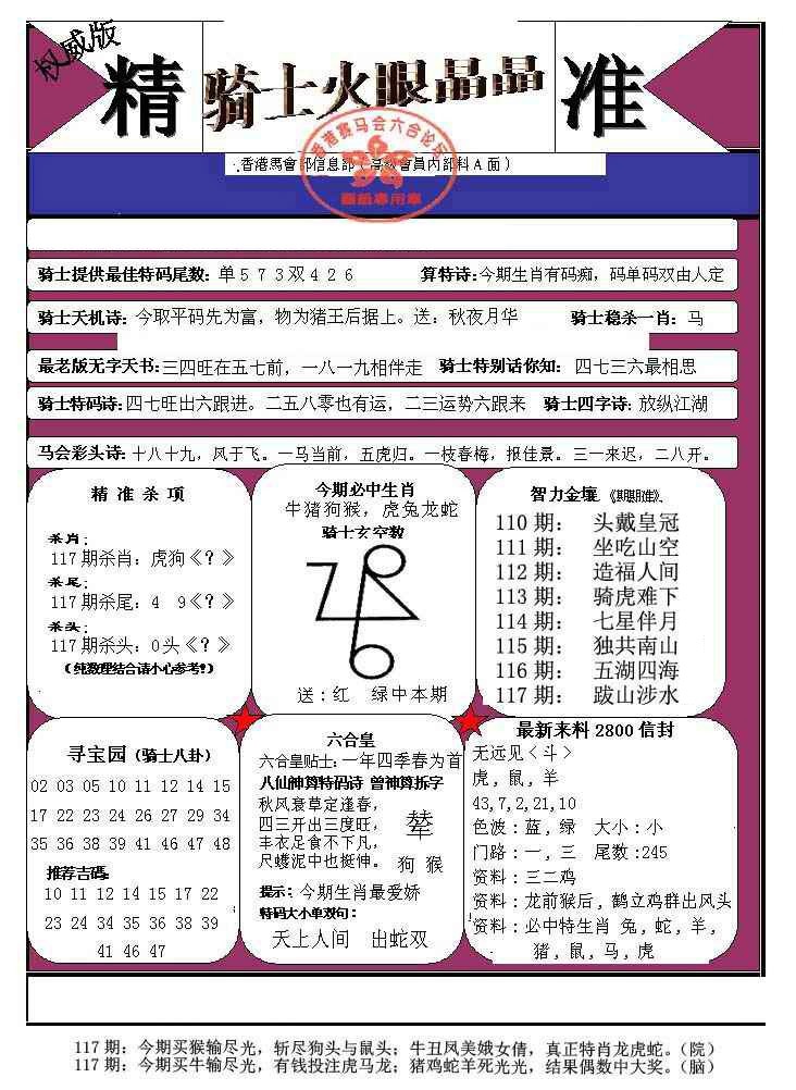 六合彩117期骑士火眼晶晶（正）
