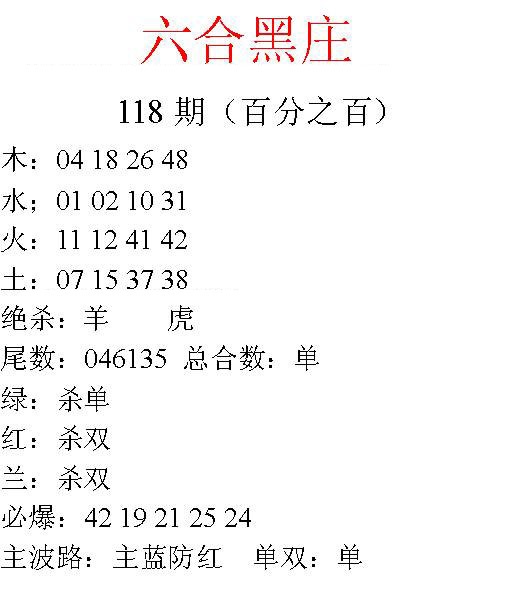 六合彩118期六合黑庄