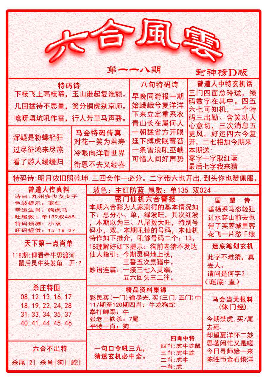 六合彩118期六合风云A面