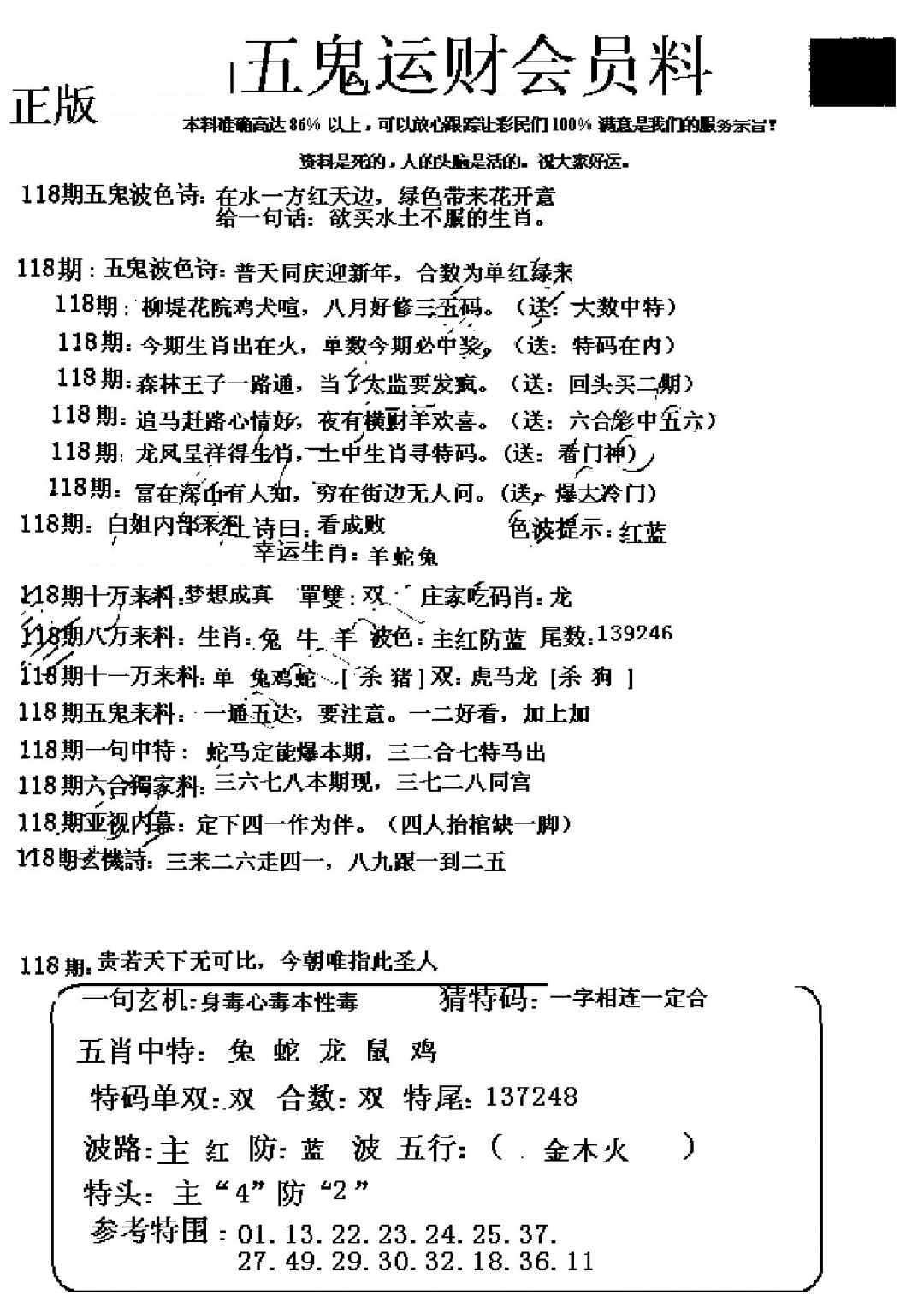 六合彩118期五鬼运财会员料
