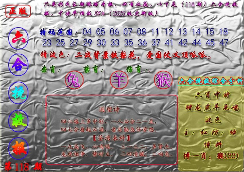 六合彩118期挽救报