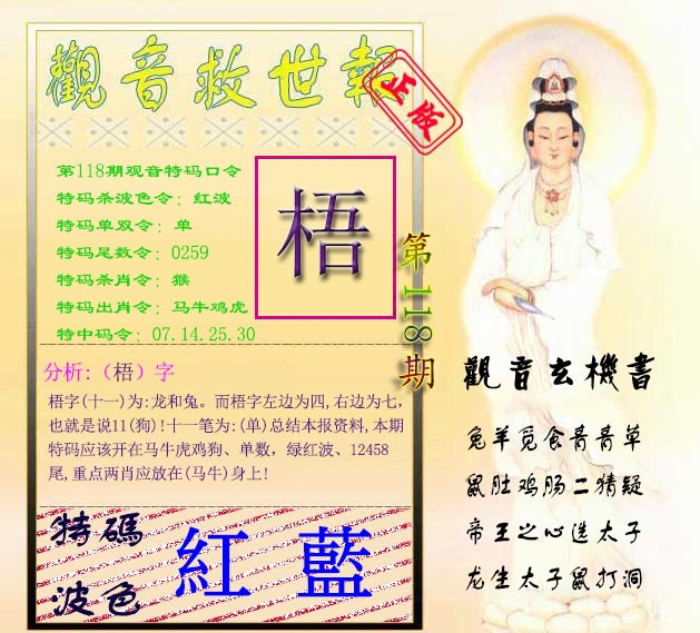 六合彩118期观音救世报