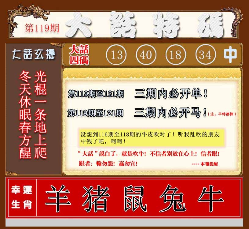 六合彩119期大话特码