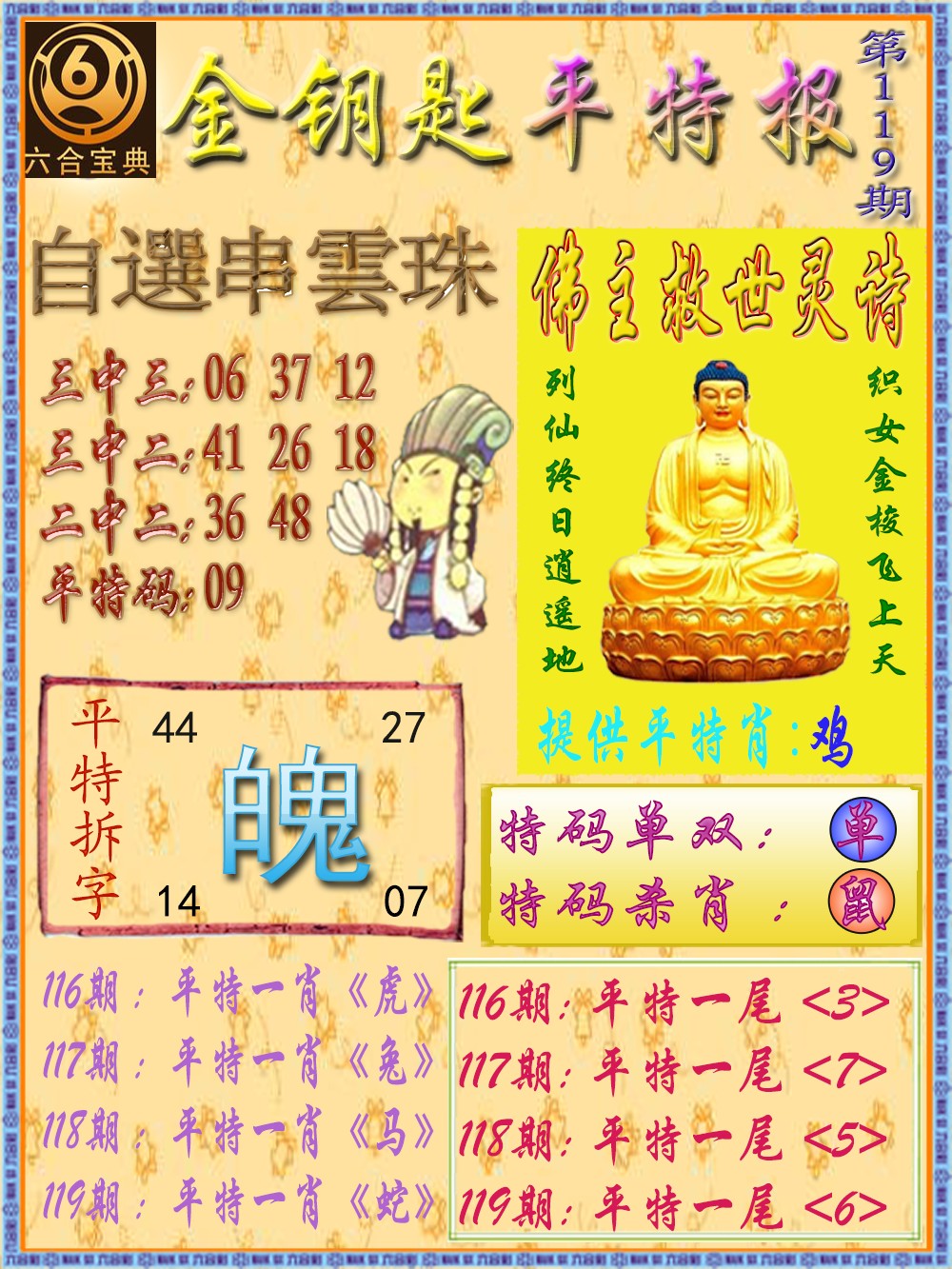 六合彩119期金钥匙平特报
