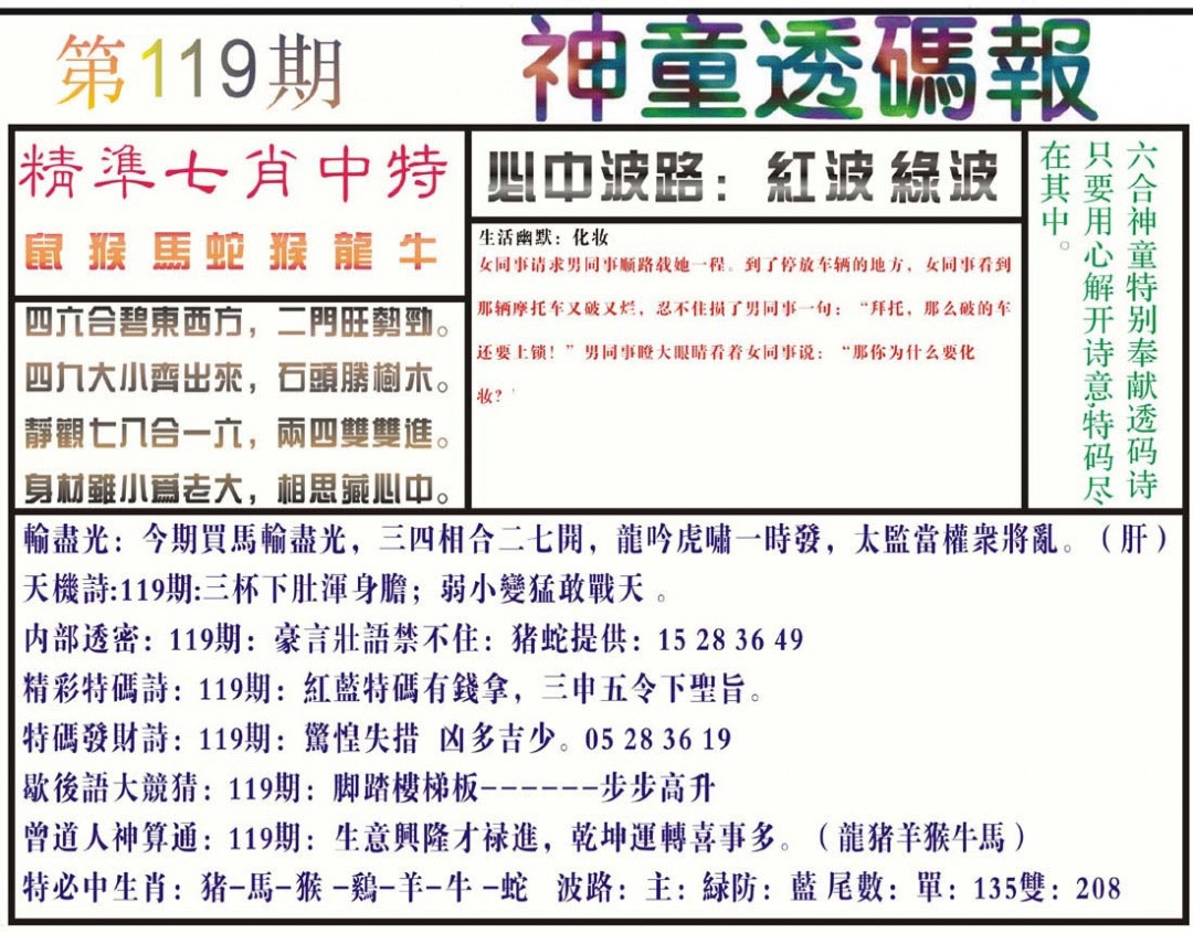 六合彩119期神童透码报(正版)