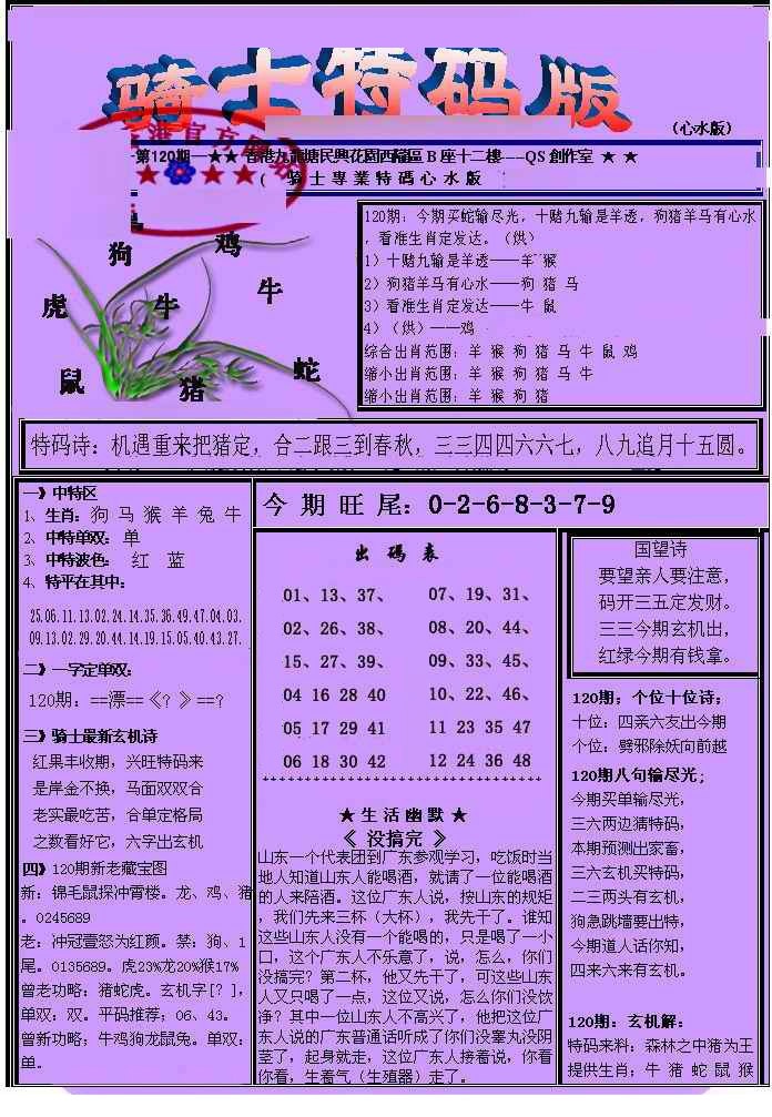 六合彩120期另骑士特码版