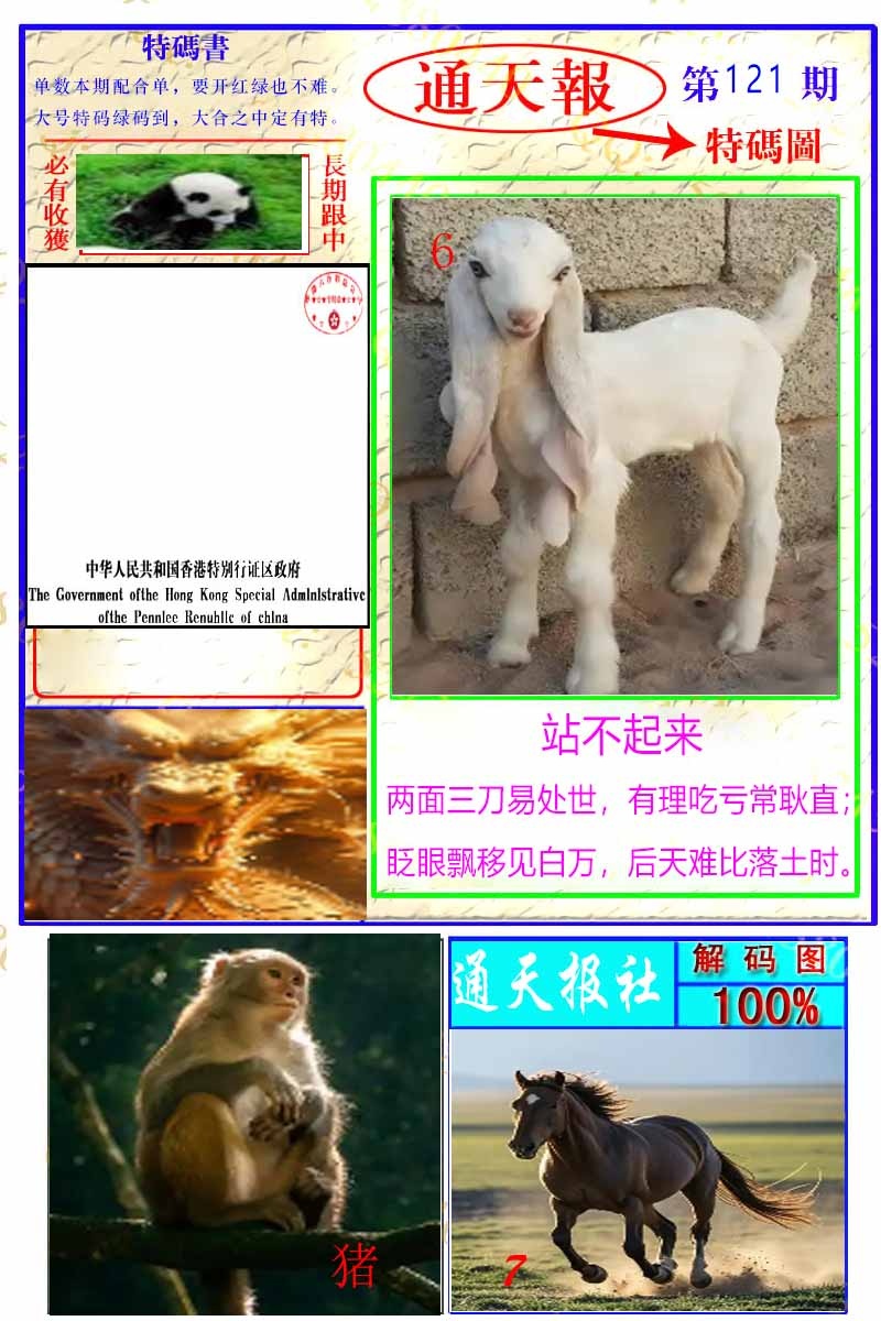 六合彩121期通天特解图