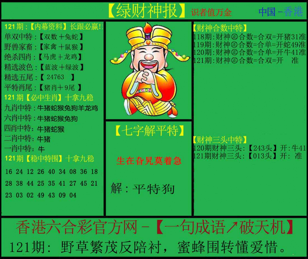 六合彩121期绿财神