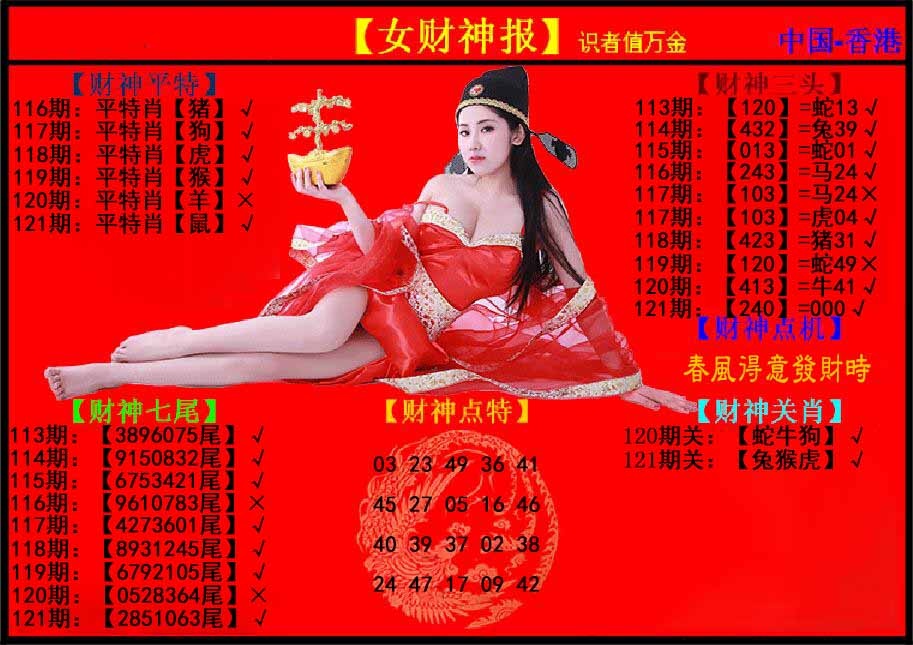 六合彩121期女财神报