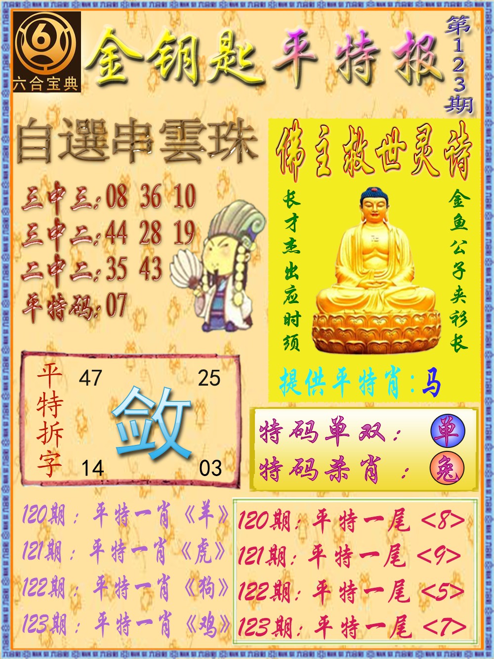 六合彩123期金钥匙平特报