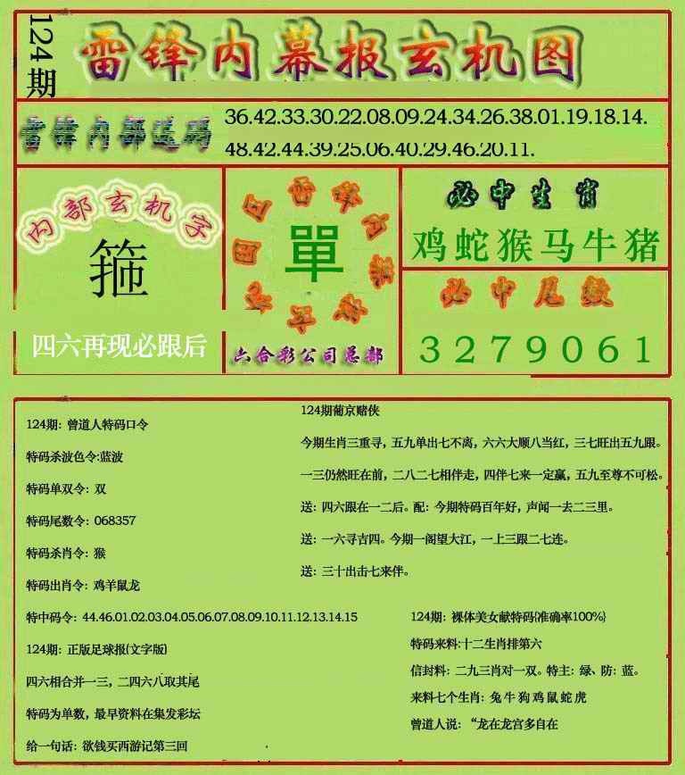 六合彩124期雷锋玄机报(新上市)