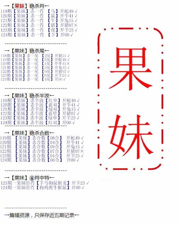 六合彩124期果妹心水