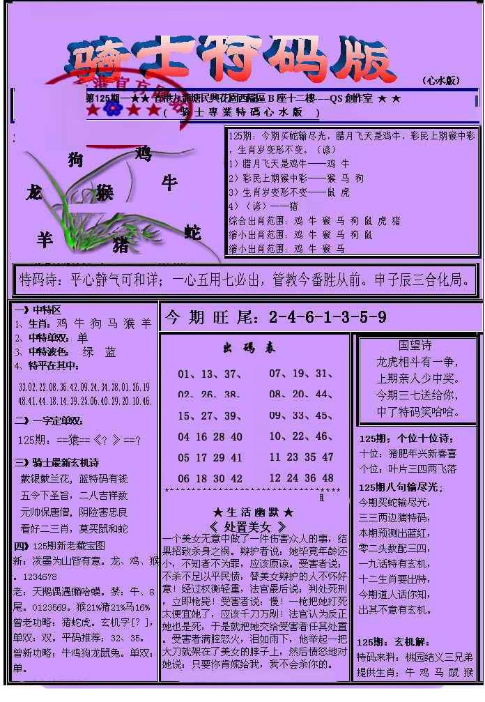 六合彩125期另骑士特码版