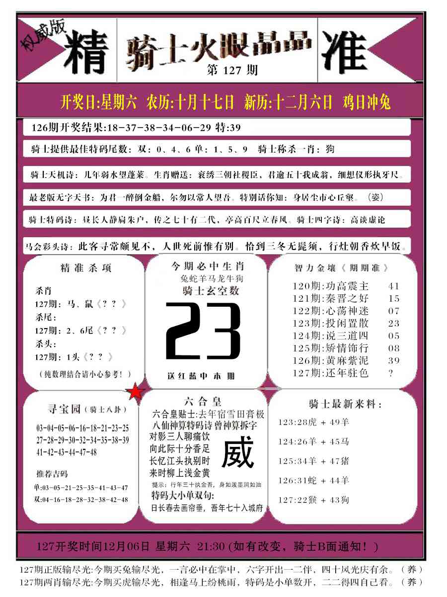 六合彩127期骑士火眼晶晶b
