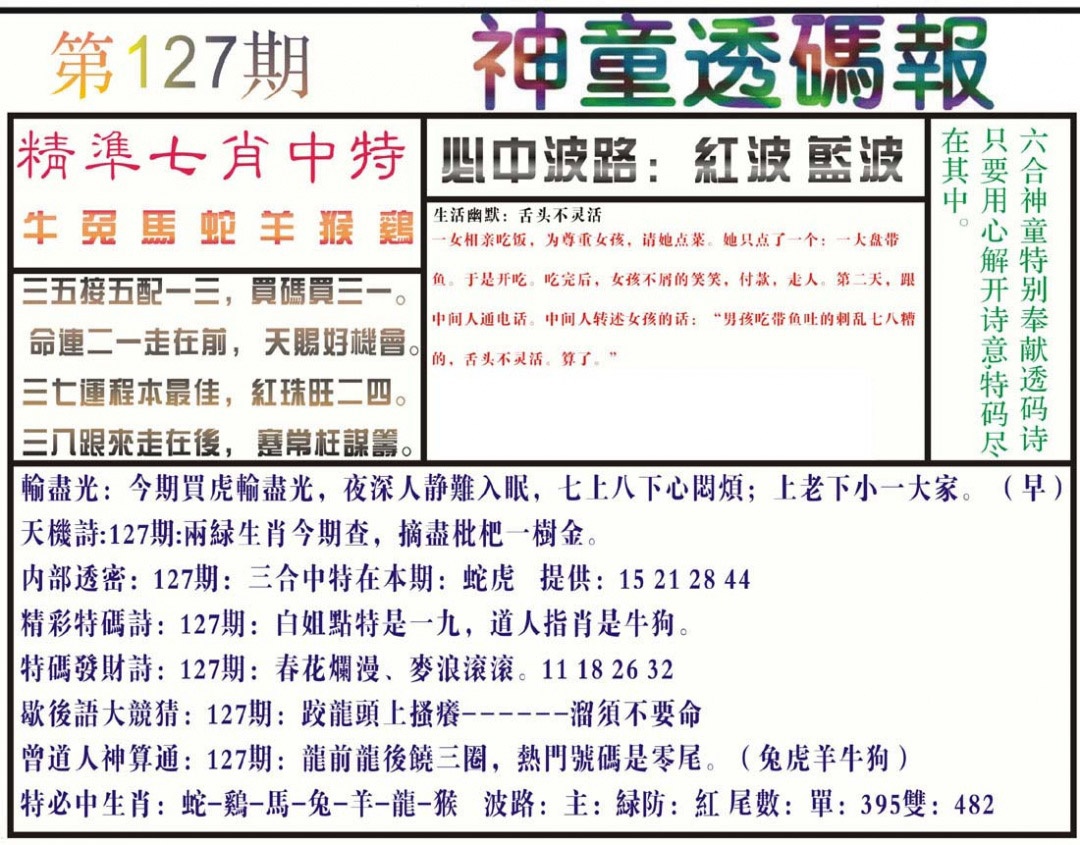 六合彩127期神童透码报(正版)