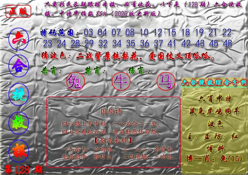 六合彩128期挽救报