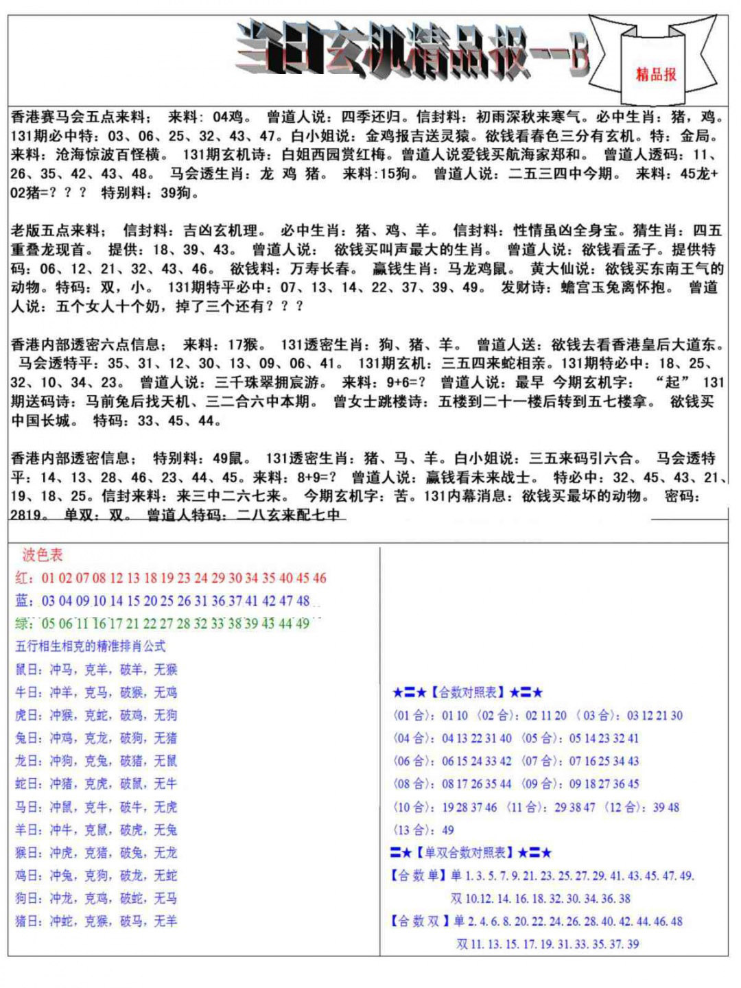 六合彩131期当日玄机精品报B