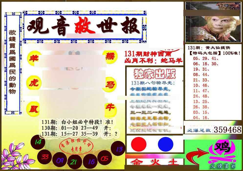 六合彩131期(另版)观音救世密报