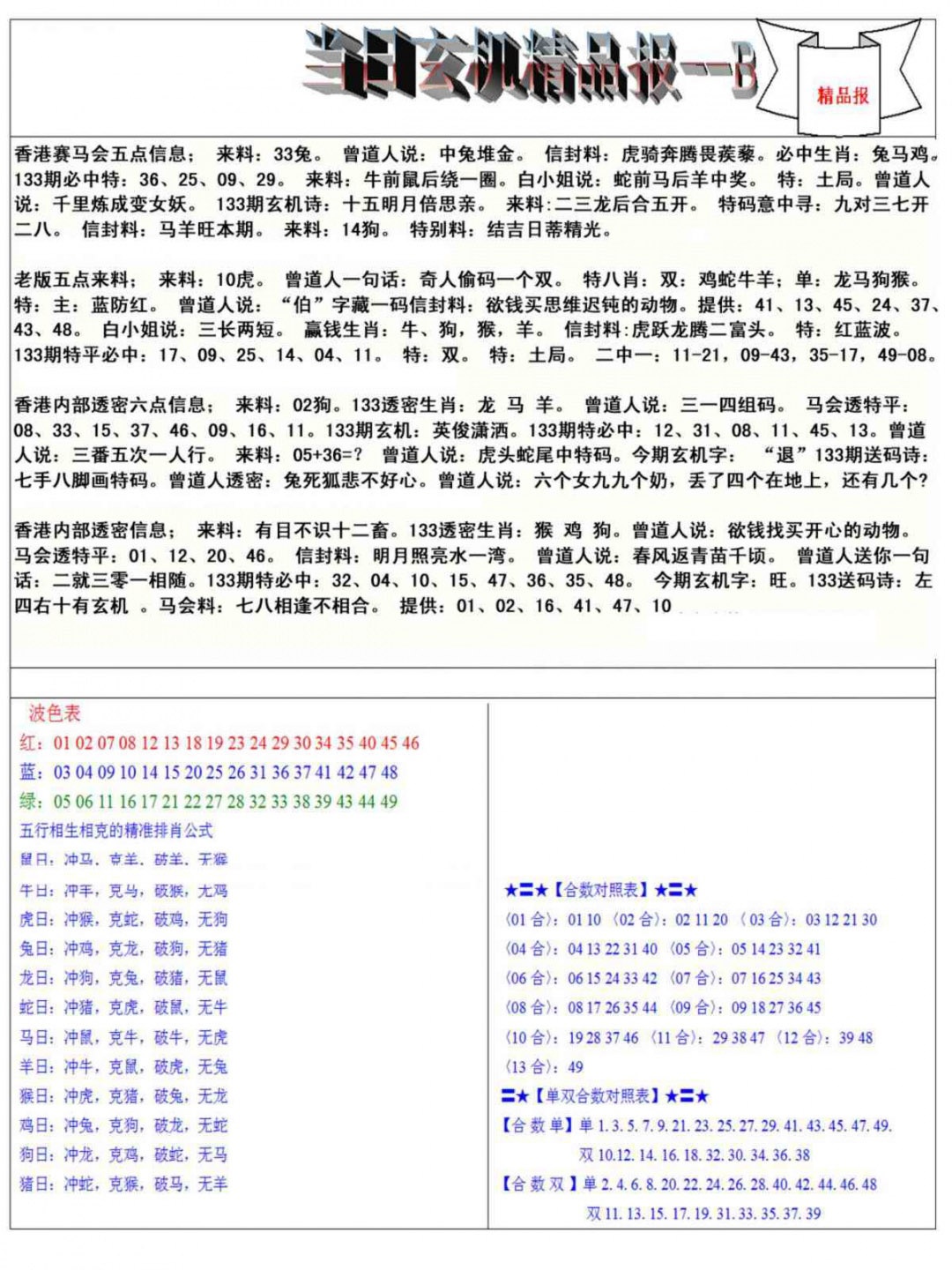 六合彩133期当日玄机精品报B