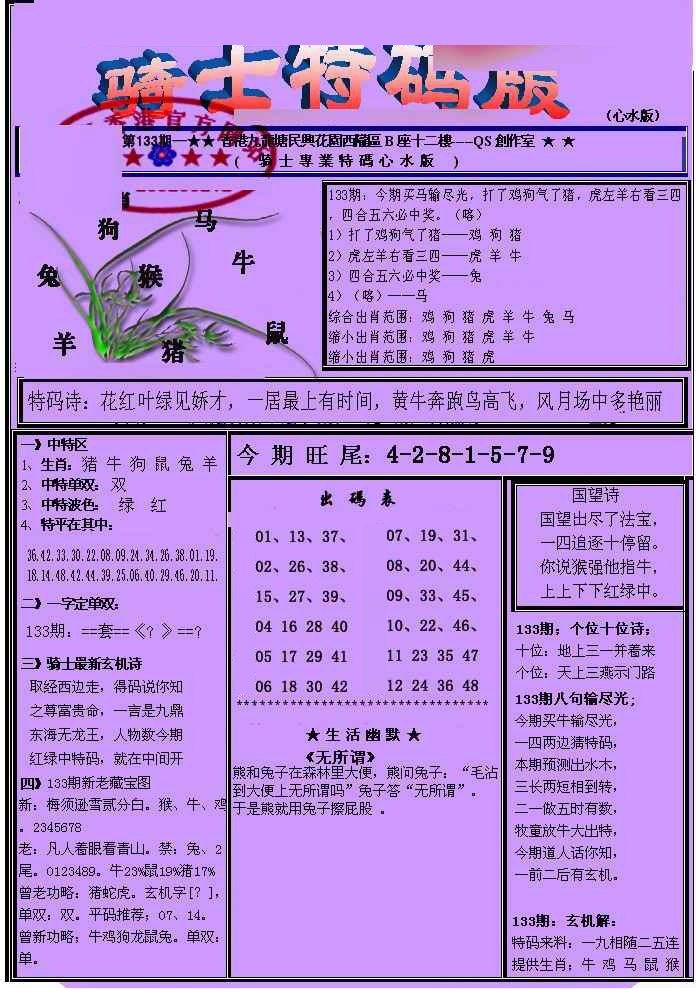 六合彩133期另骑士特码版