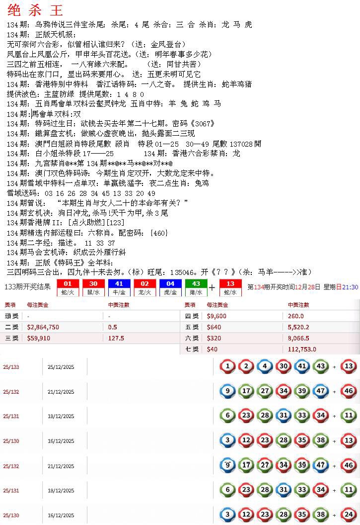 六合彩134期蓝天报B