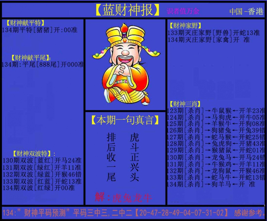 六合彩134期蓝财神