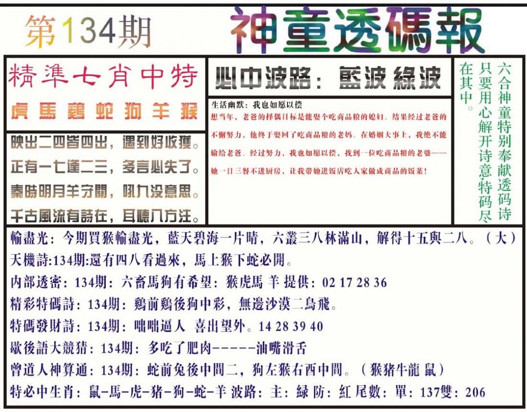 六合彩134期神童透码报(正版)