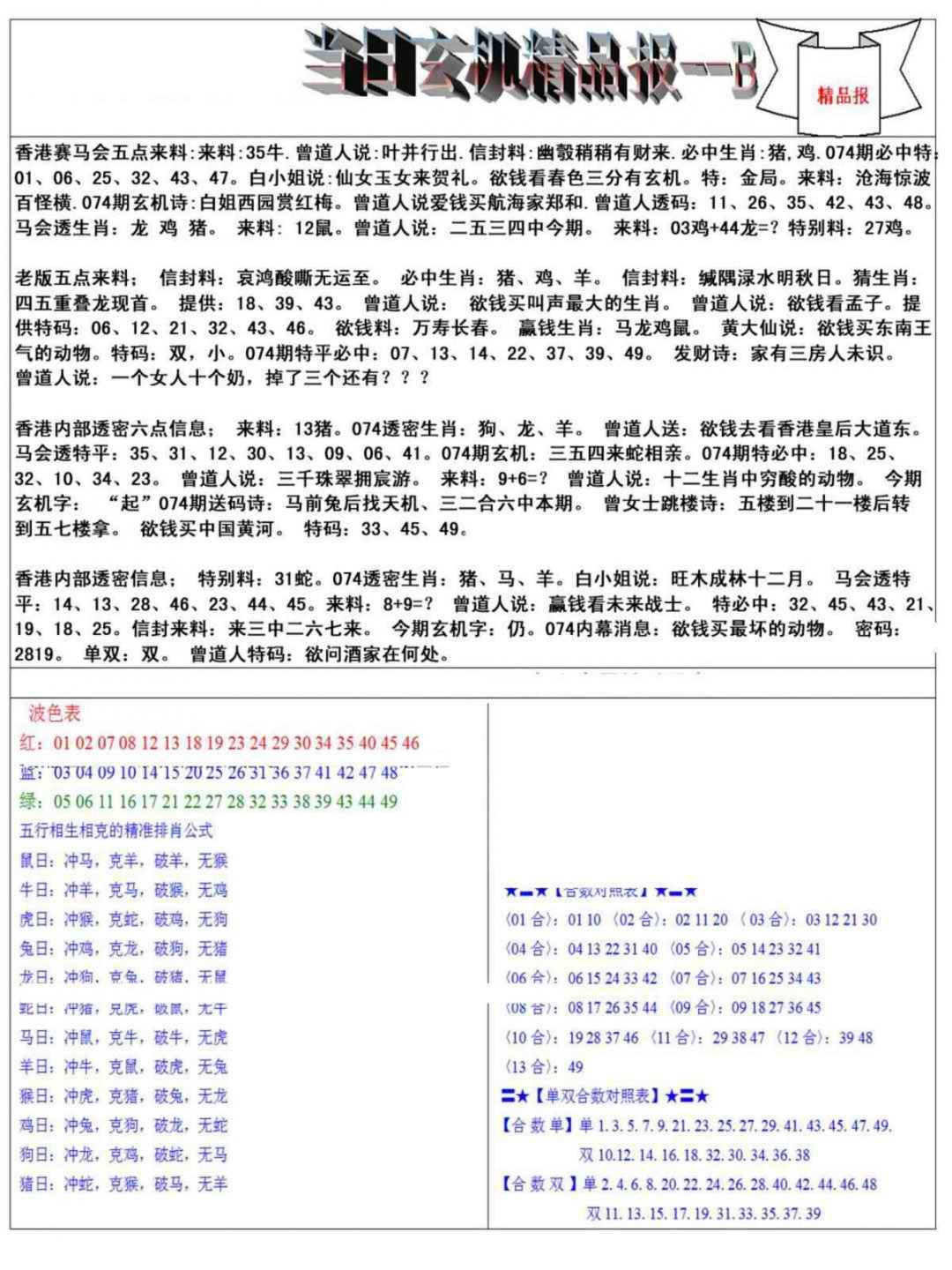 六合彩074期当日玄机精品报B