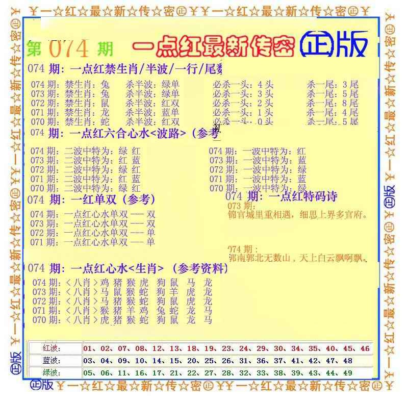 六合彩074期一点红最新传密