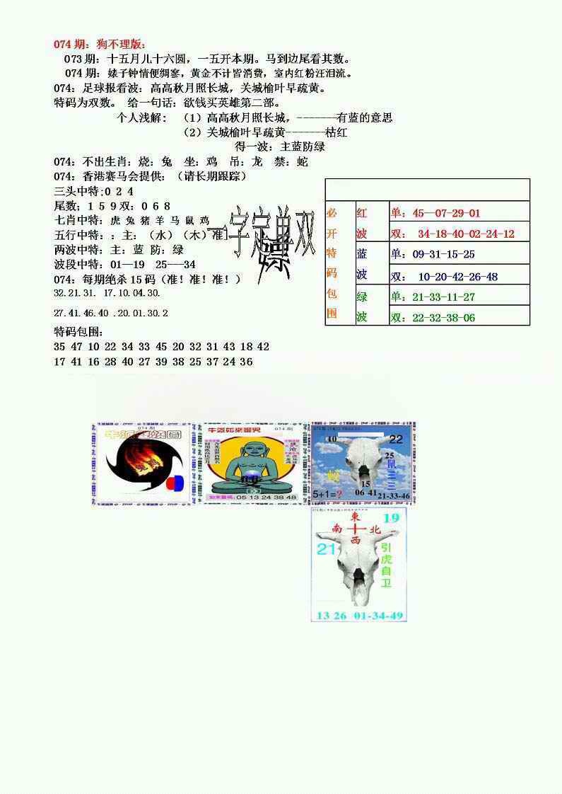 六合彩074期狗不理特码报