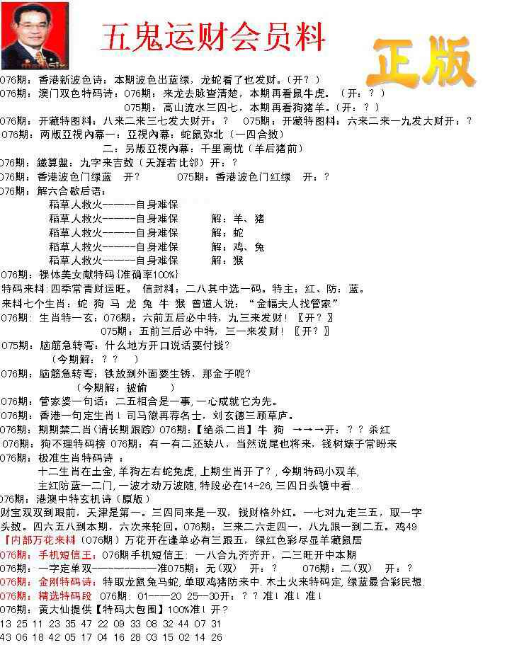 六合彩076期正版五鬼运财会员料