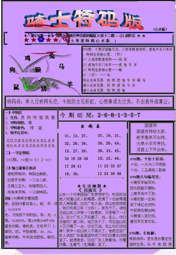 六合彩076期另骑士特码版