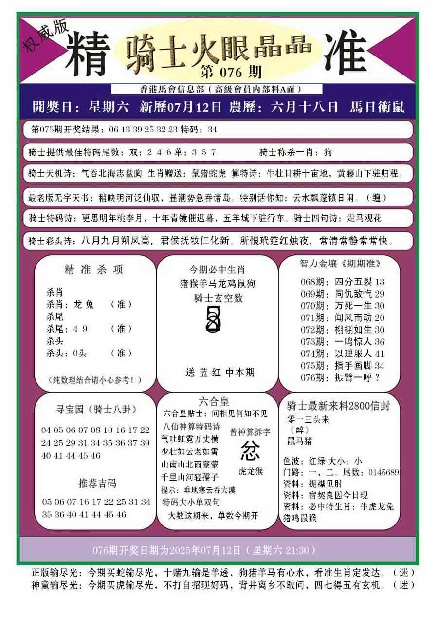 六合彩076期骑士火眼晶晶a