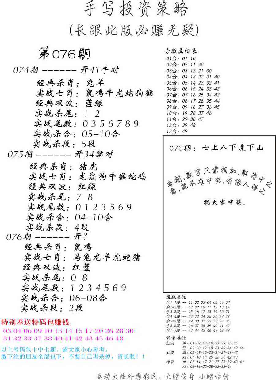 六合彩076期手写投资策略
