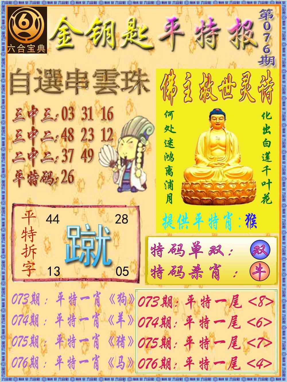 六合彩076期金钥匙平特报