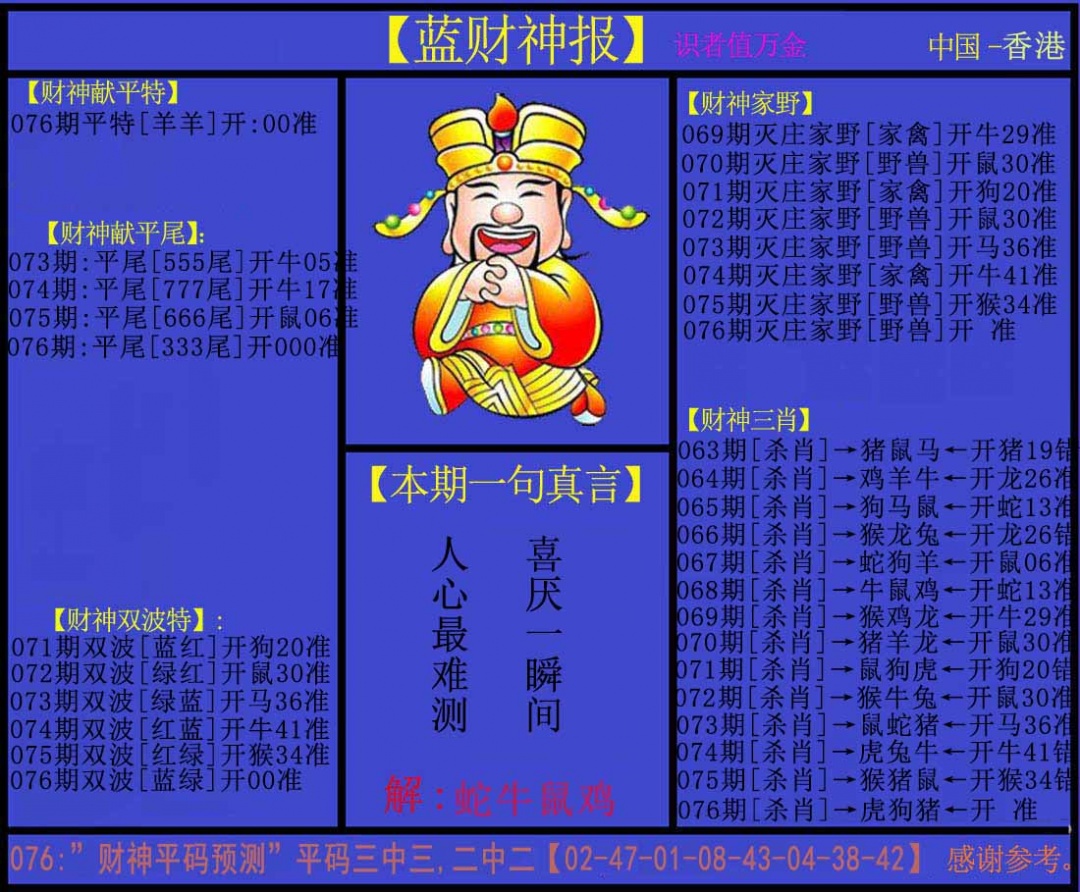 六合彩076期蓝财神