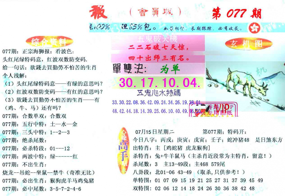 六合彩077期新五鬼玄机