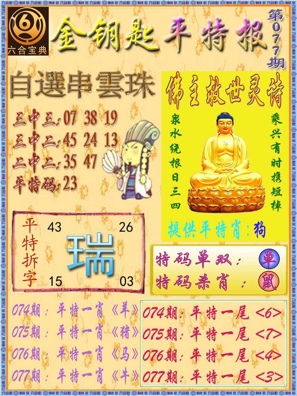 六合彩077期金钥匙平特报