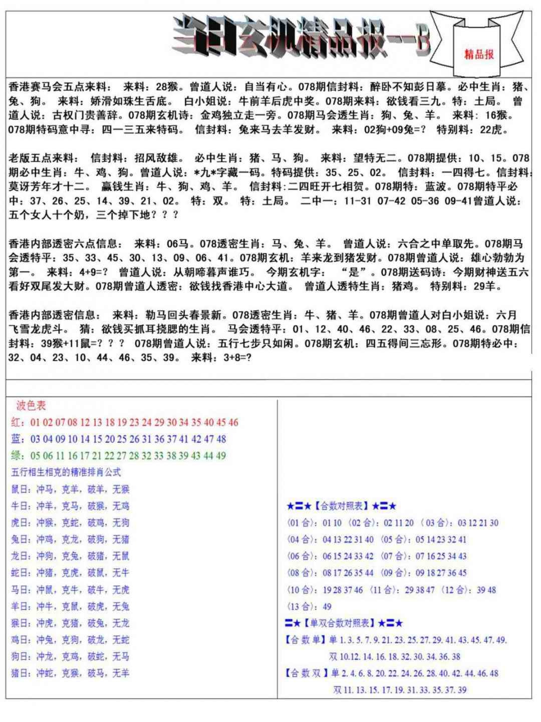 六合彩078期当日玄机精品报B