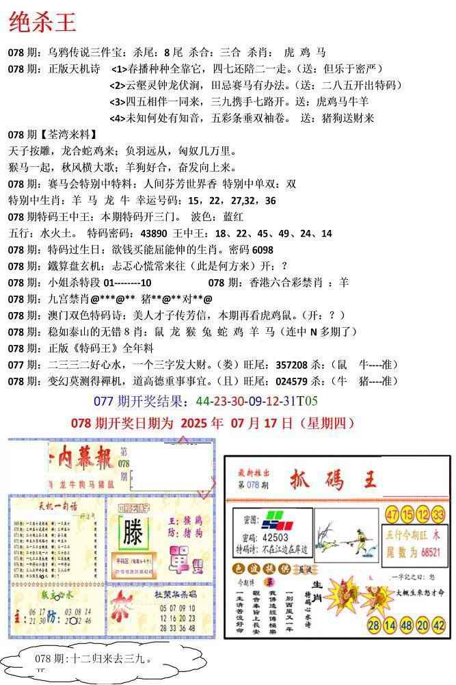 六合彩078期蓝天报(绝杀王)