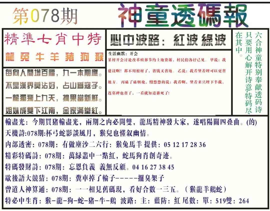 六合彩078期神童透码报(正版)
