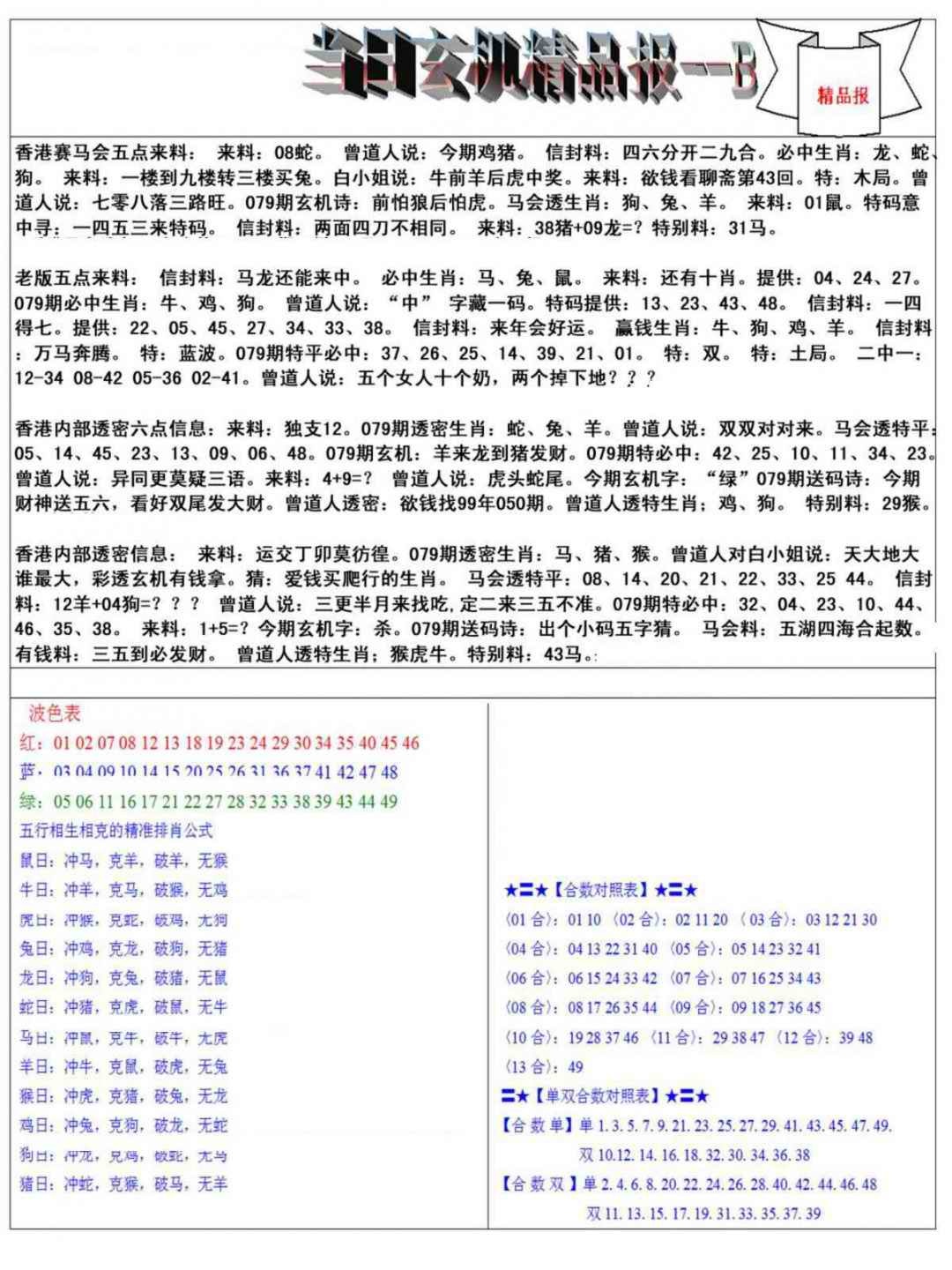 六合彩079期当日玄机精品报B