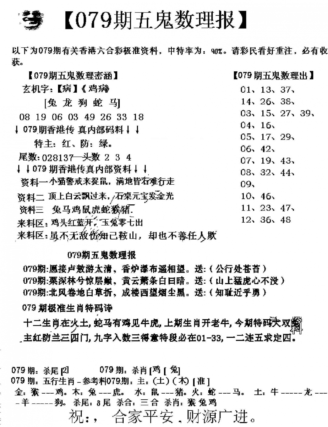 六合彩079期五鬼数理报