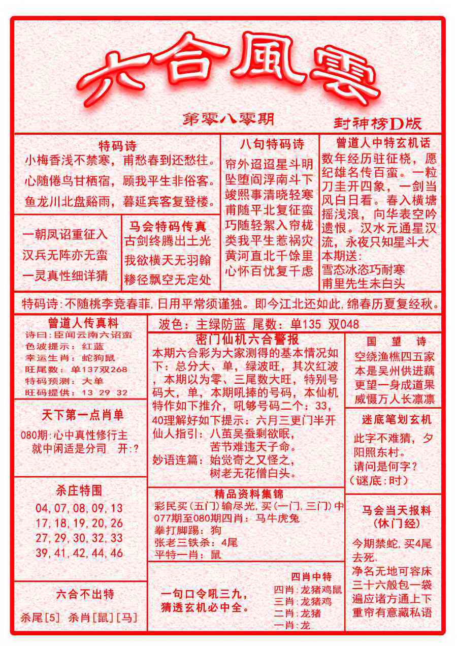 六合彩080期六合风云A面