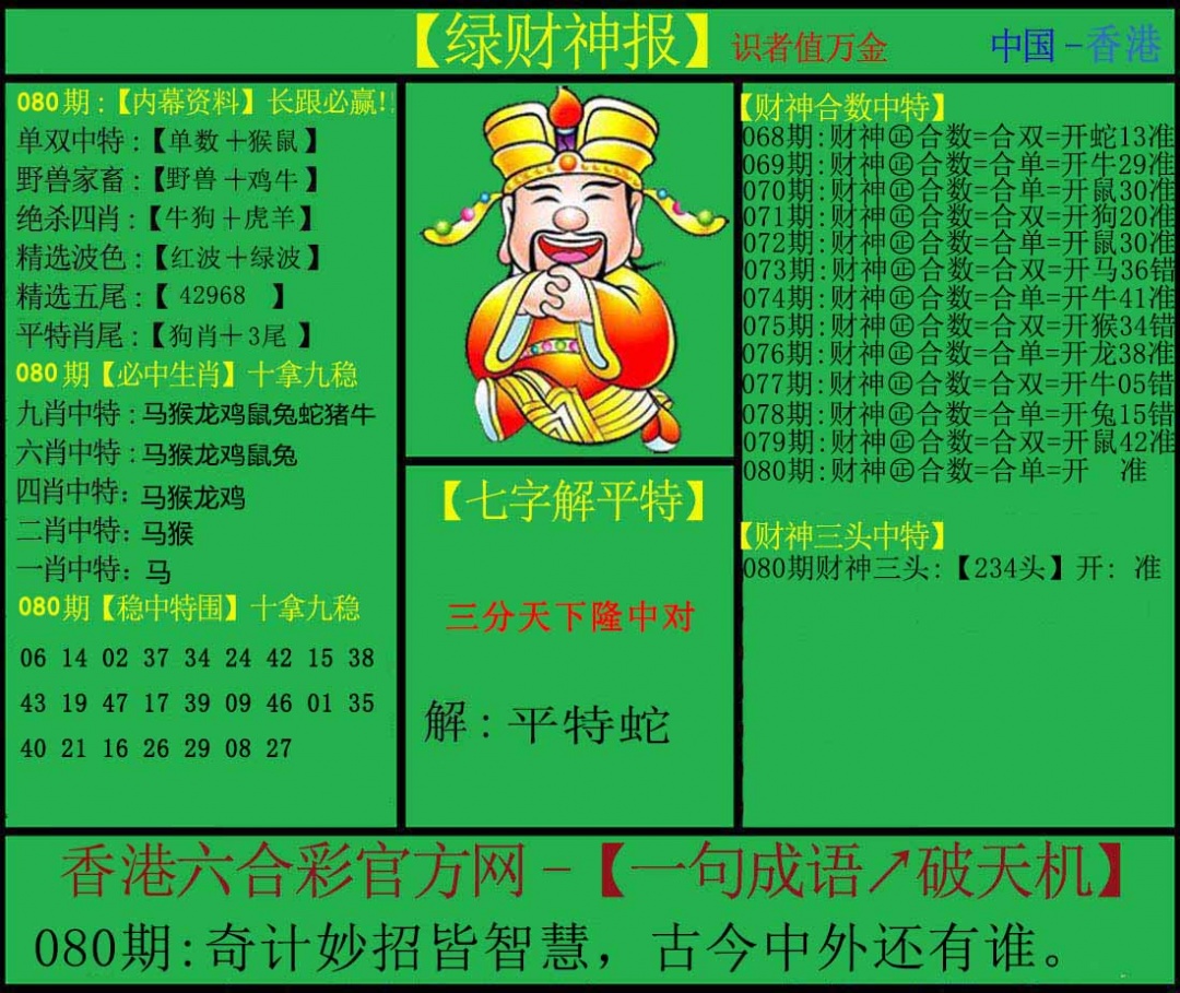 六合彩080期绿财神
