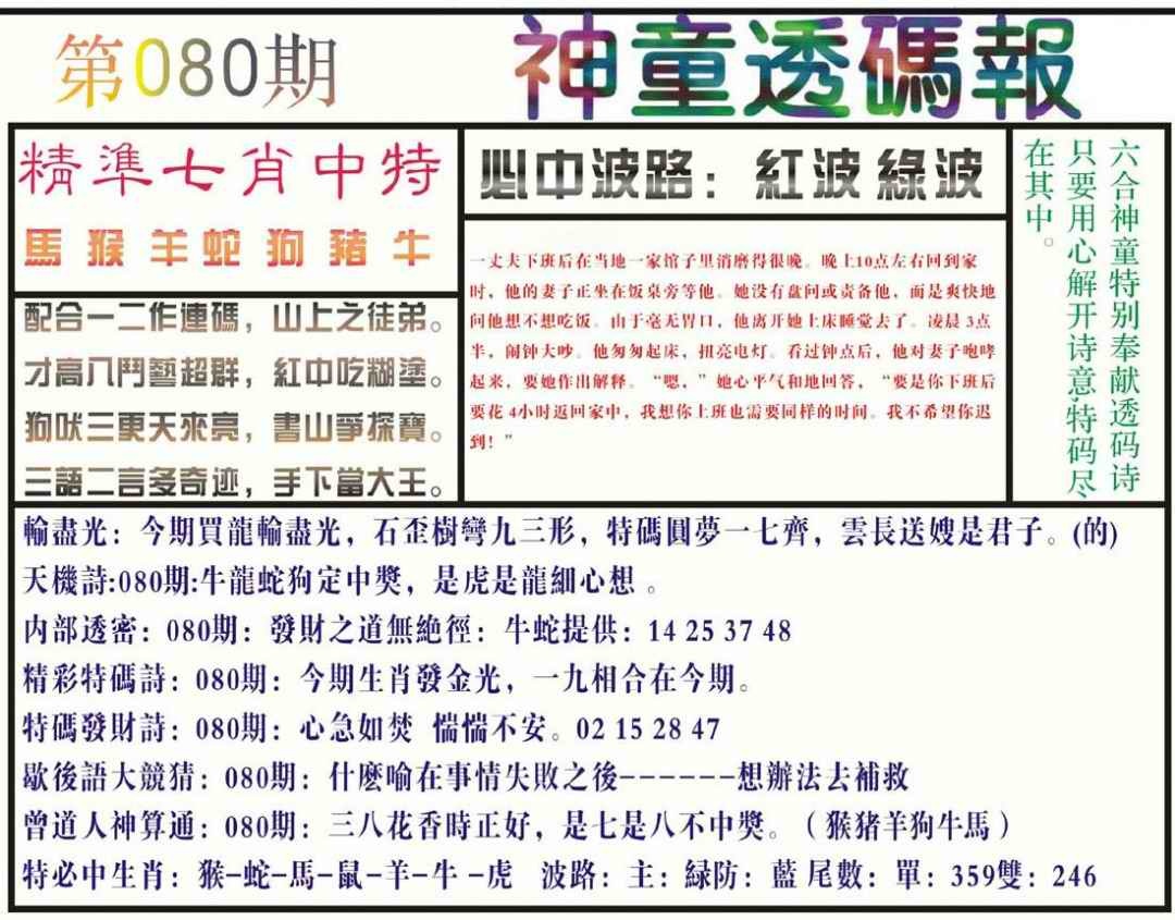 六合彩080期神童透码报(正版)
