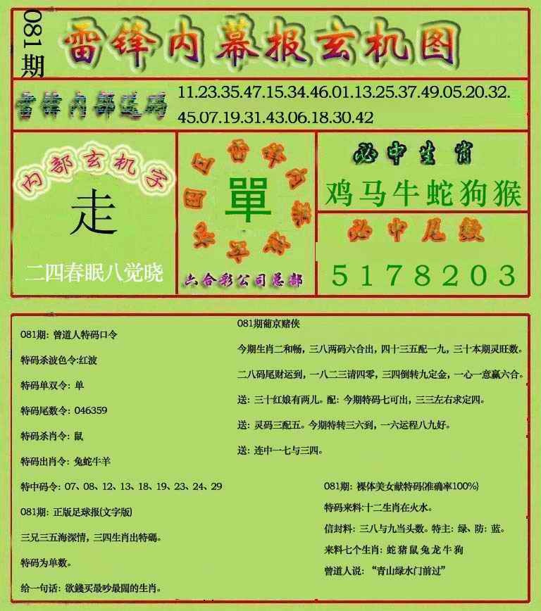 六合彩081期雷锋玄机报(新上市)