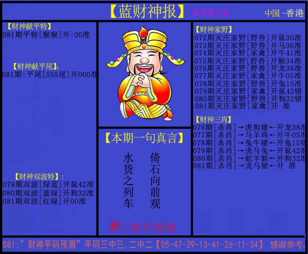 六合彩081期蓝财神