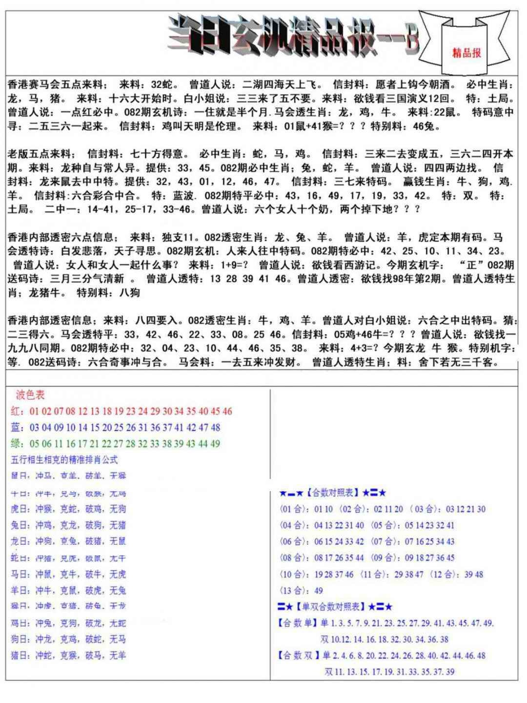 六合彩082期当日玄机精品报B