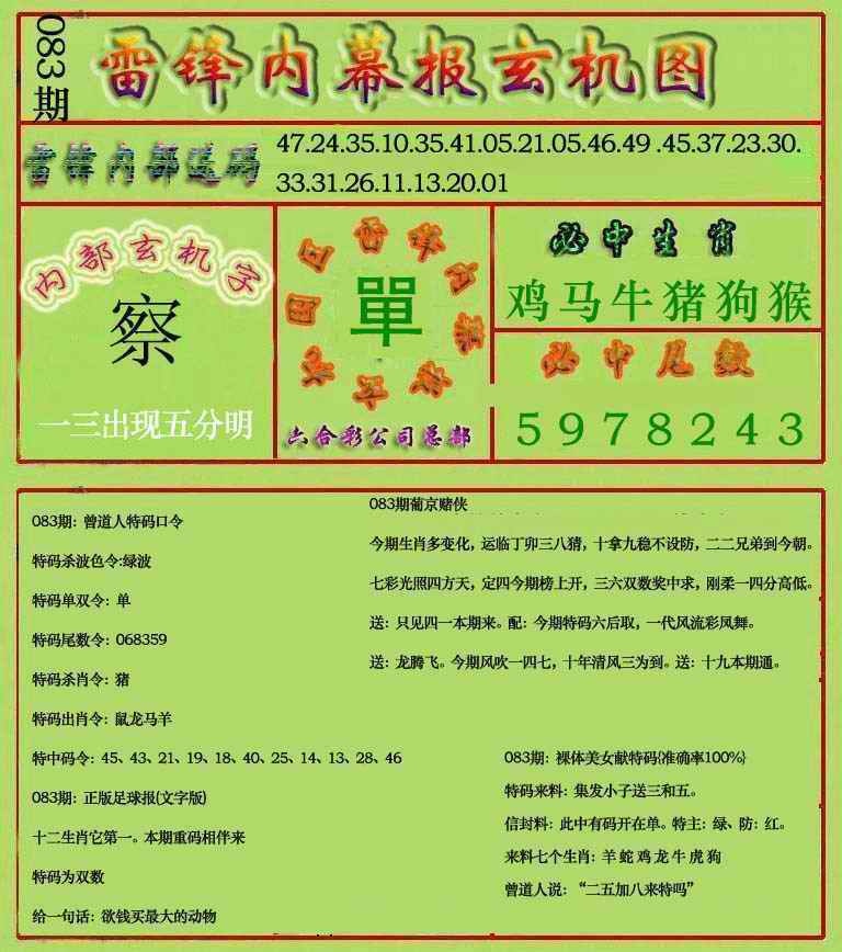 六合彩083期雷锋玄机报(新上市)